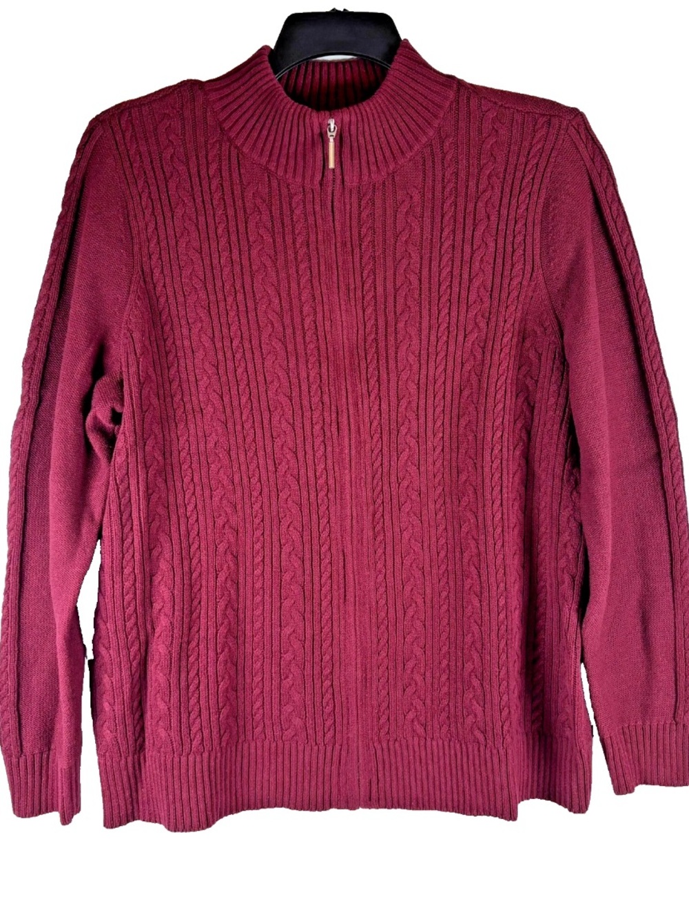 Karen Scott Cardigan Sweater Womenโs 1X Maroon Cable Knit Full Zip Classic Cozy